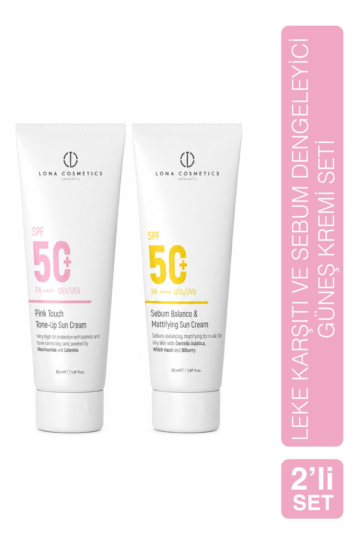 Güneş Kremi İkili Set: Cilt Tonu Eşitleyici Pink Touch Güneş Kremi SPF 50 & Sebum Dengeleyici Güneş Kremi SPF 50