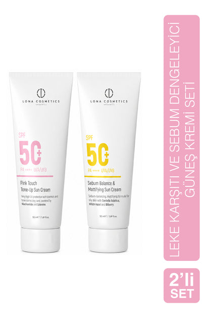 Güneş Kremi İkili Set: Cilt Tonu Eşitleyici Pink Touch Güneş Kremi SPF 50 & Sebum Dengeleyici Güneş Kremi SPF 50