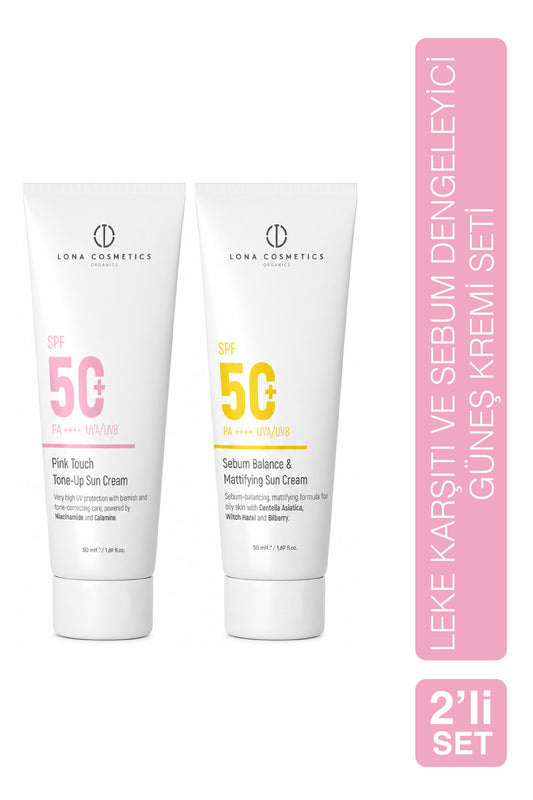 Güneş Kremi İkili Set: Cilt Tonu Eşitleyici Pink Touch Güneş Kremi SPF 50 & Sebum Dengeleyici Güneş Kremi SPF 50