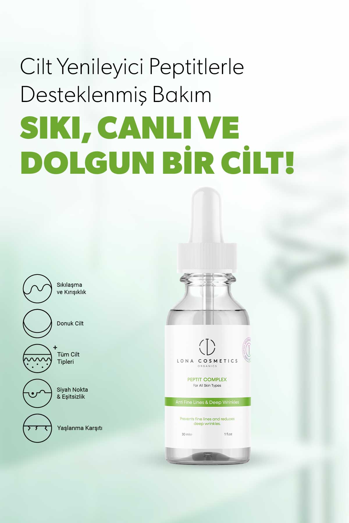 Yaşlanma ve Kırışıklık Karşıtı, Cilt Yenileyici & Onarıcı Peptit Complex Serum 30 Ml